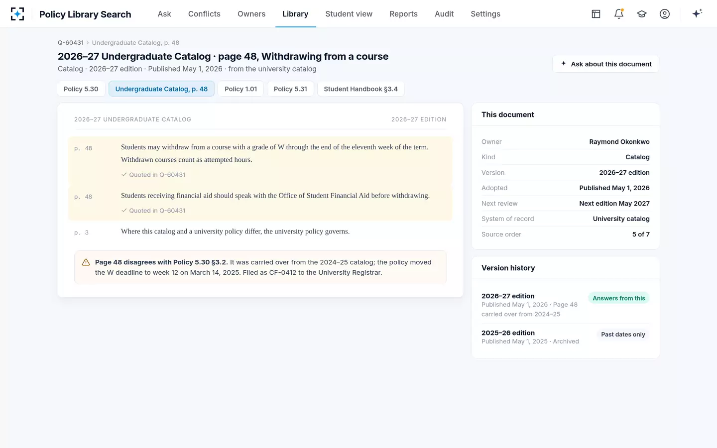 Policy Library Search — Every citation opens the exact page, with the passage marked