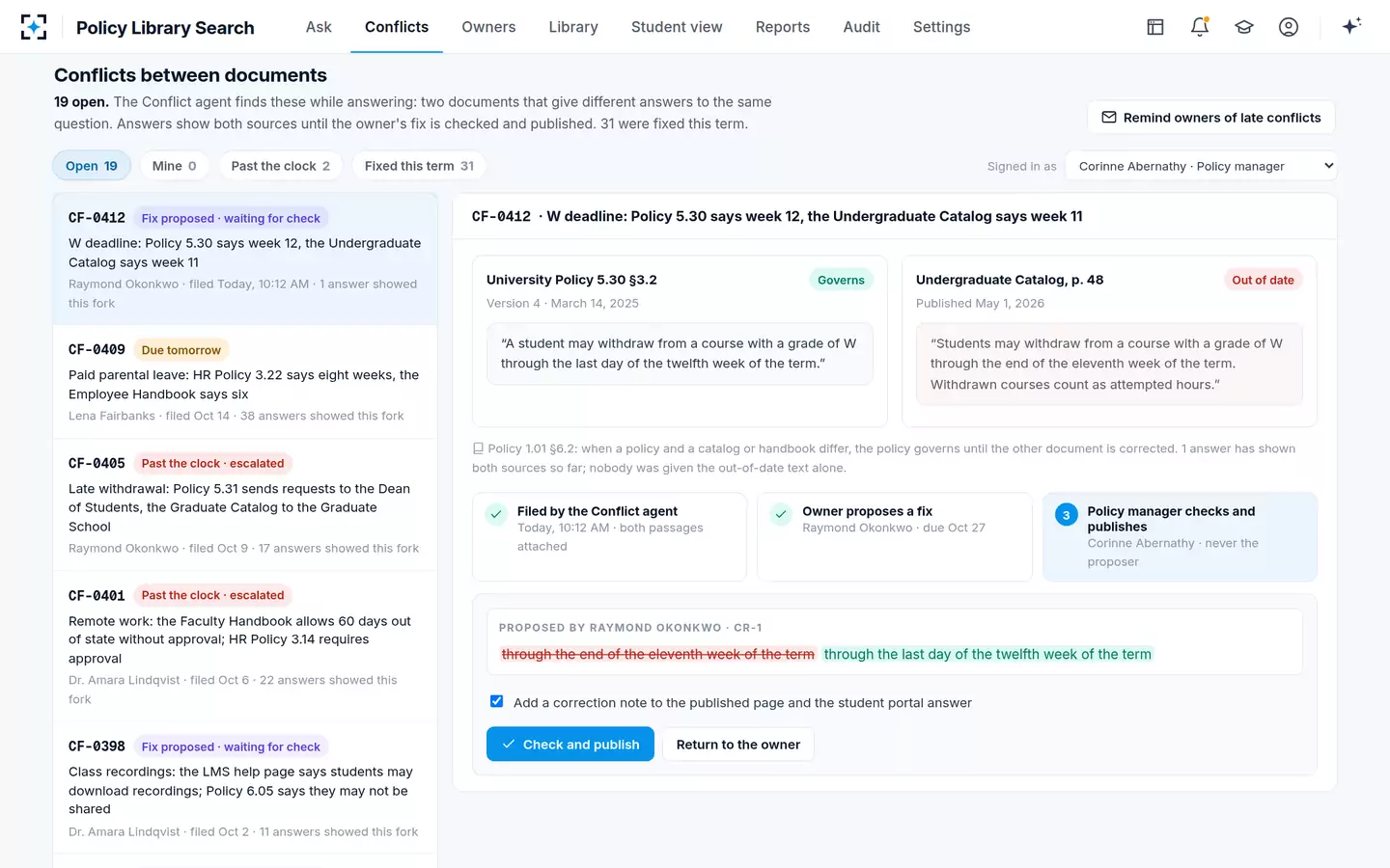 Policy Library Search — A second person checks and publishes, with a correction note