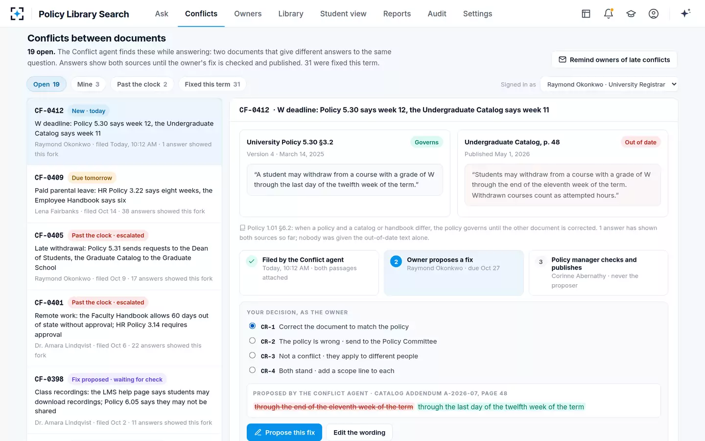 Policy Library Search — Conflicts between documents, each with its owner and a drafted fix