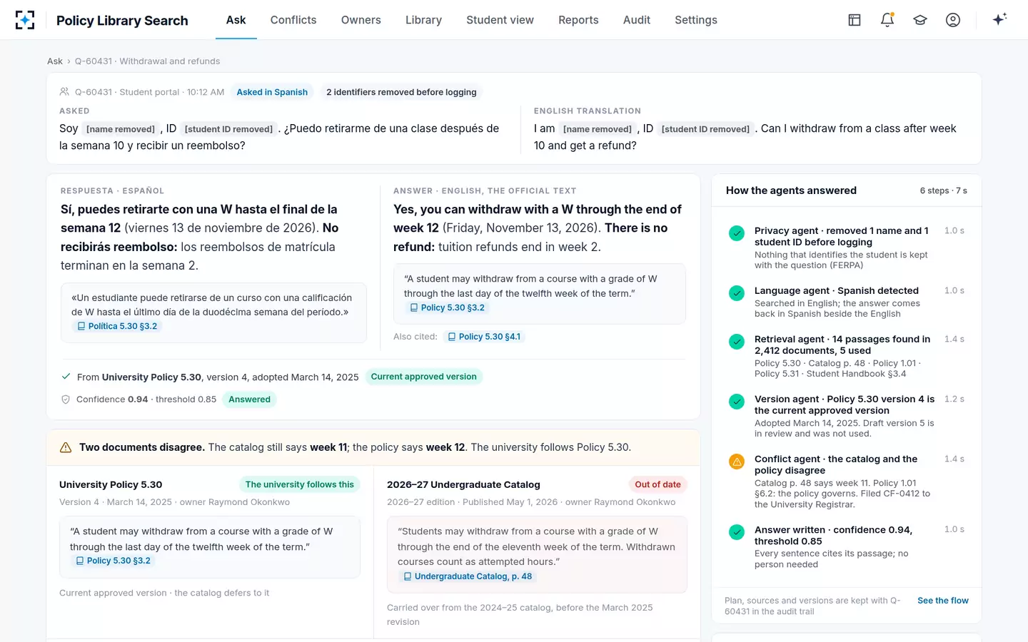 Policy Library Search — One question, one cited answer, and both documents when they disagree
