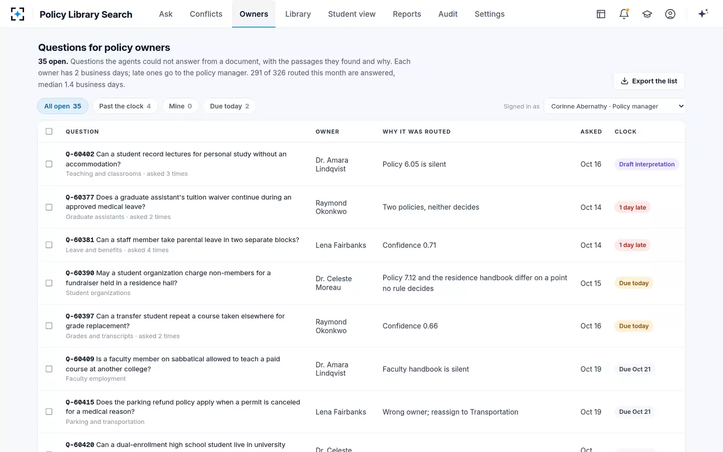 Policy Library Search — Questions with no clear answer go to the policy owner, on a clock