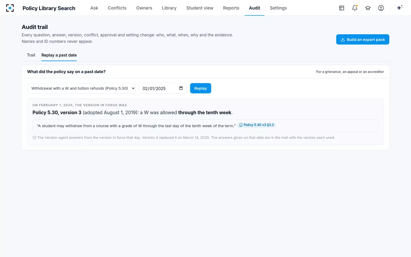 Policy Library Search — What did the policy say on the day? Replay any past date