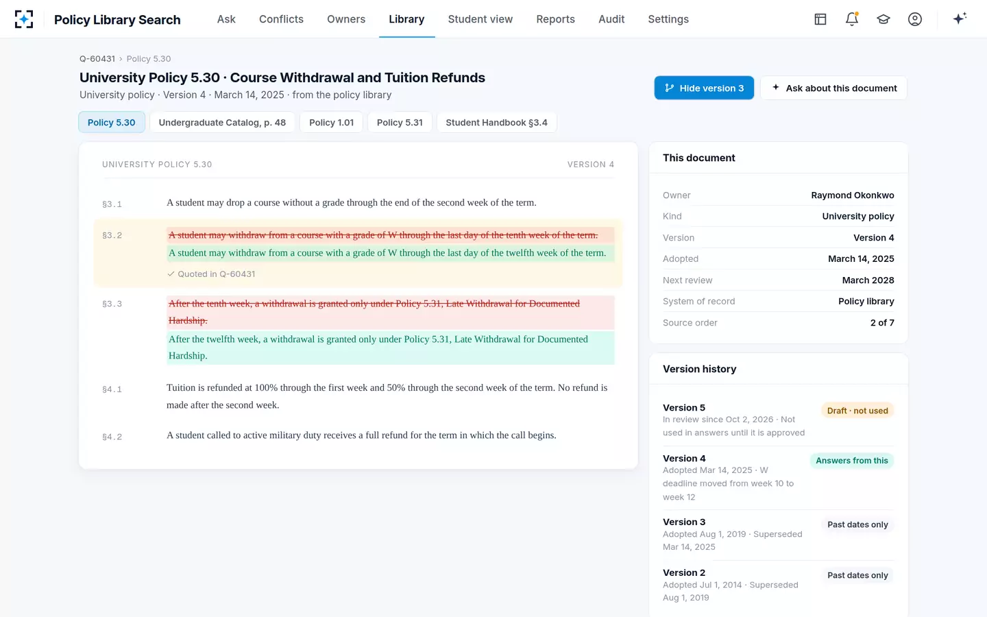 Policy Library Search — Only the current version answers; every version is kept