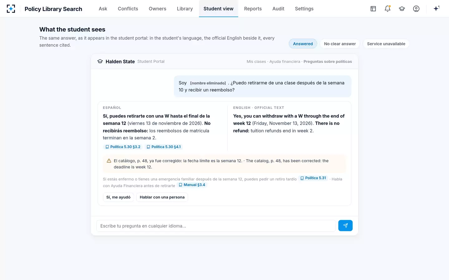 Policy Library Search — What the student sees: her language, the official English beside it