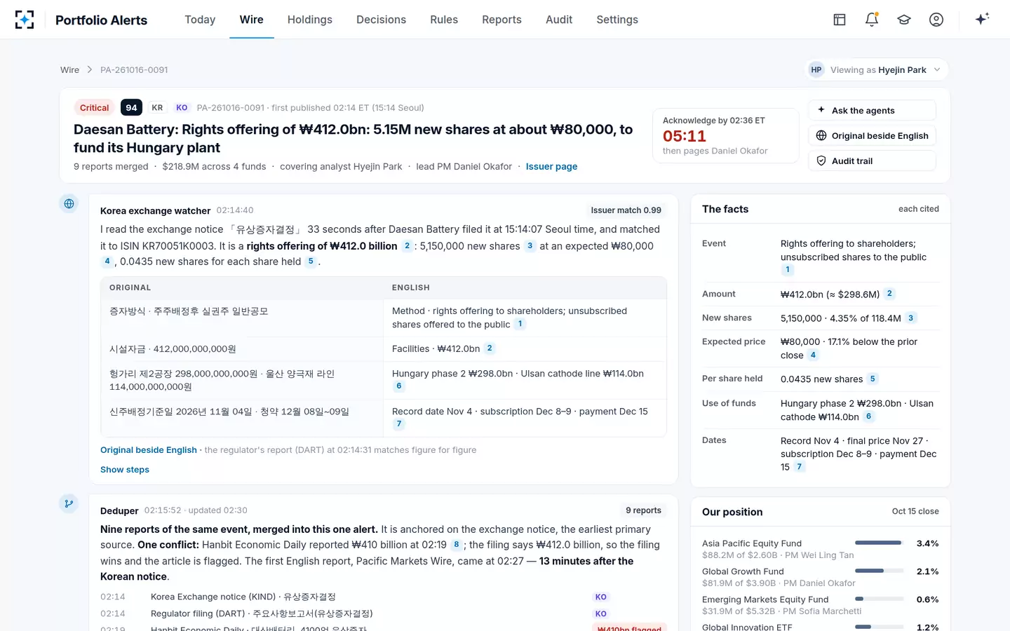 Portfolio Alerts — The alert, as the agents' conversation