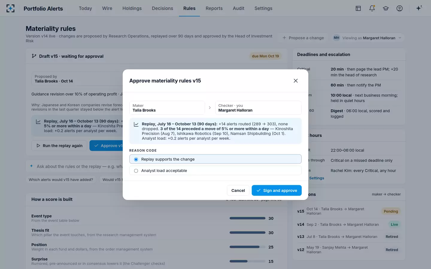 Portfolio Alerts — Materiality rules, replayed before approval