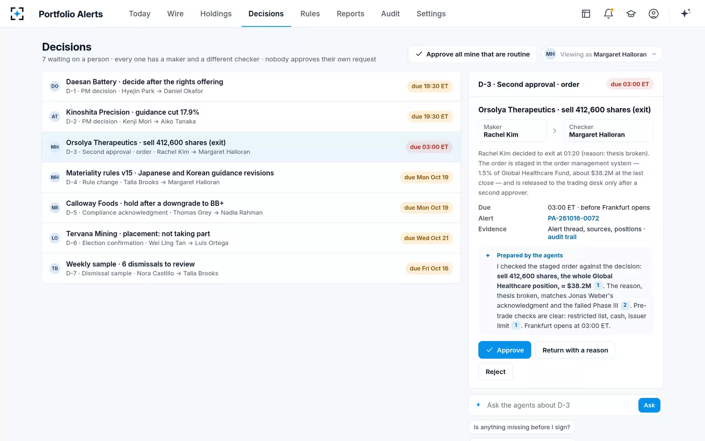 Portfolio Alerts — Decisions, maker and checker