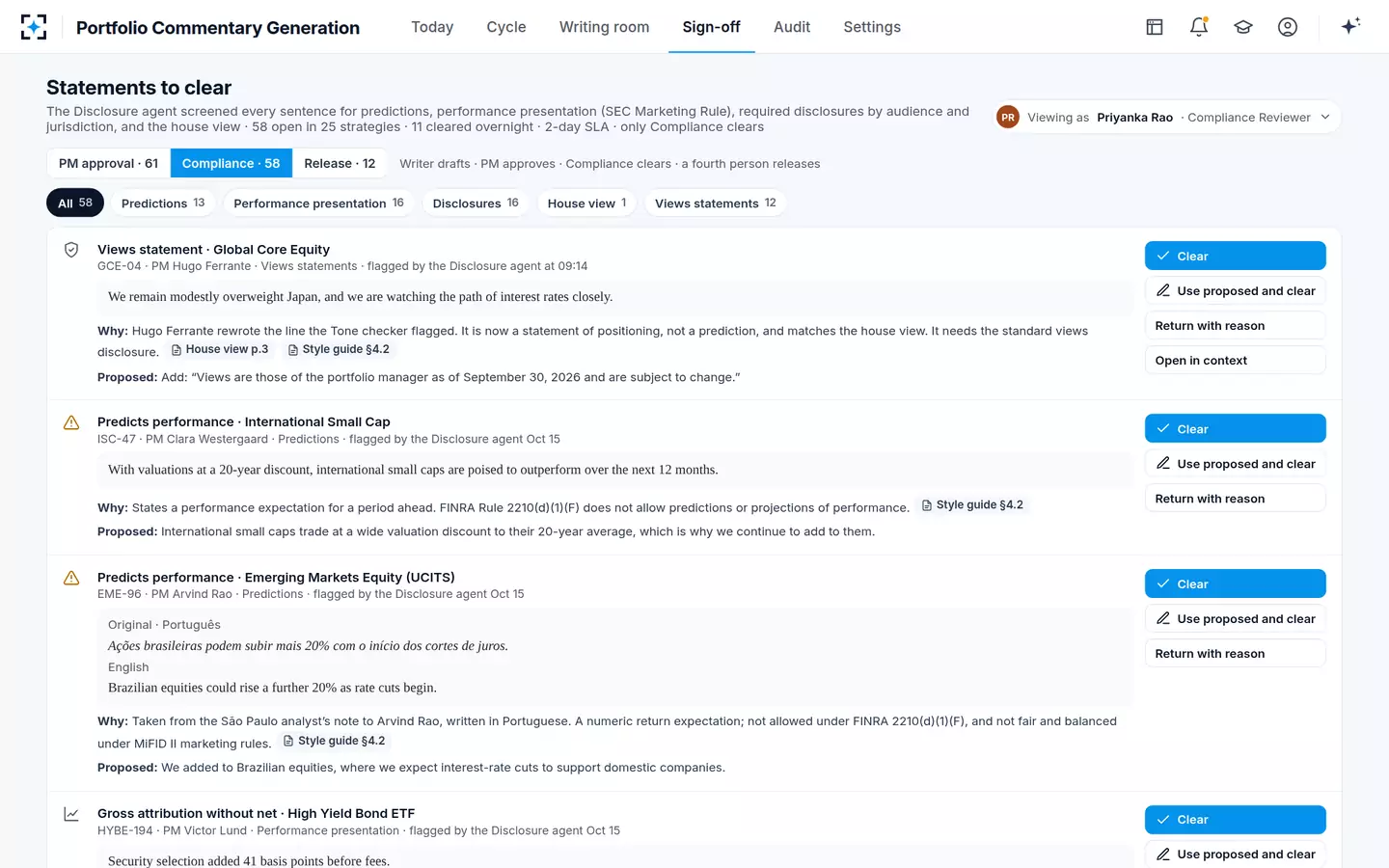 Portfolio Commentary Generation — Statements to clear