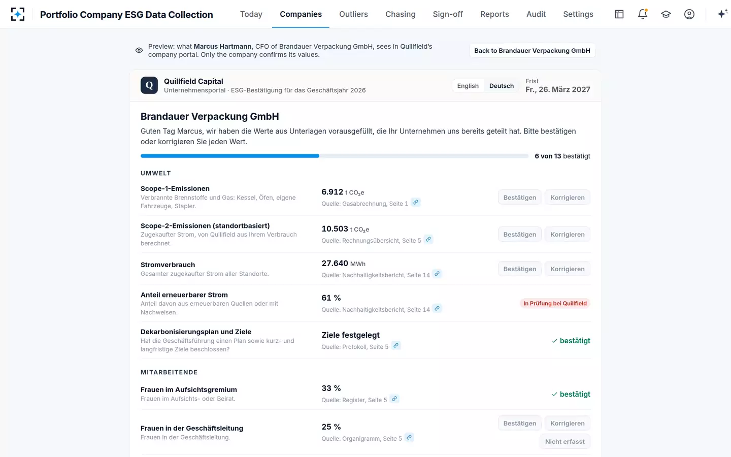 Portfolio Company ESG Data Collection — The company's confirm-only form, in German