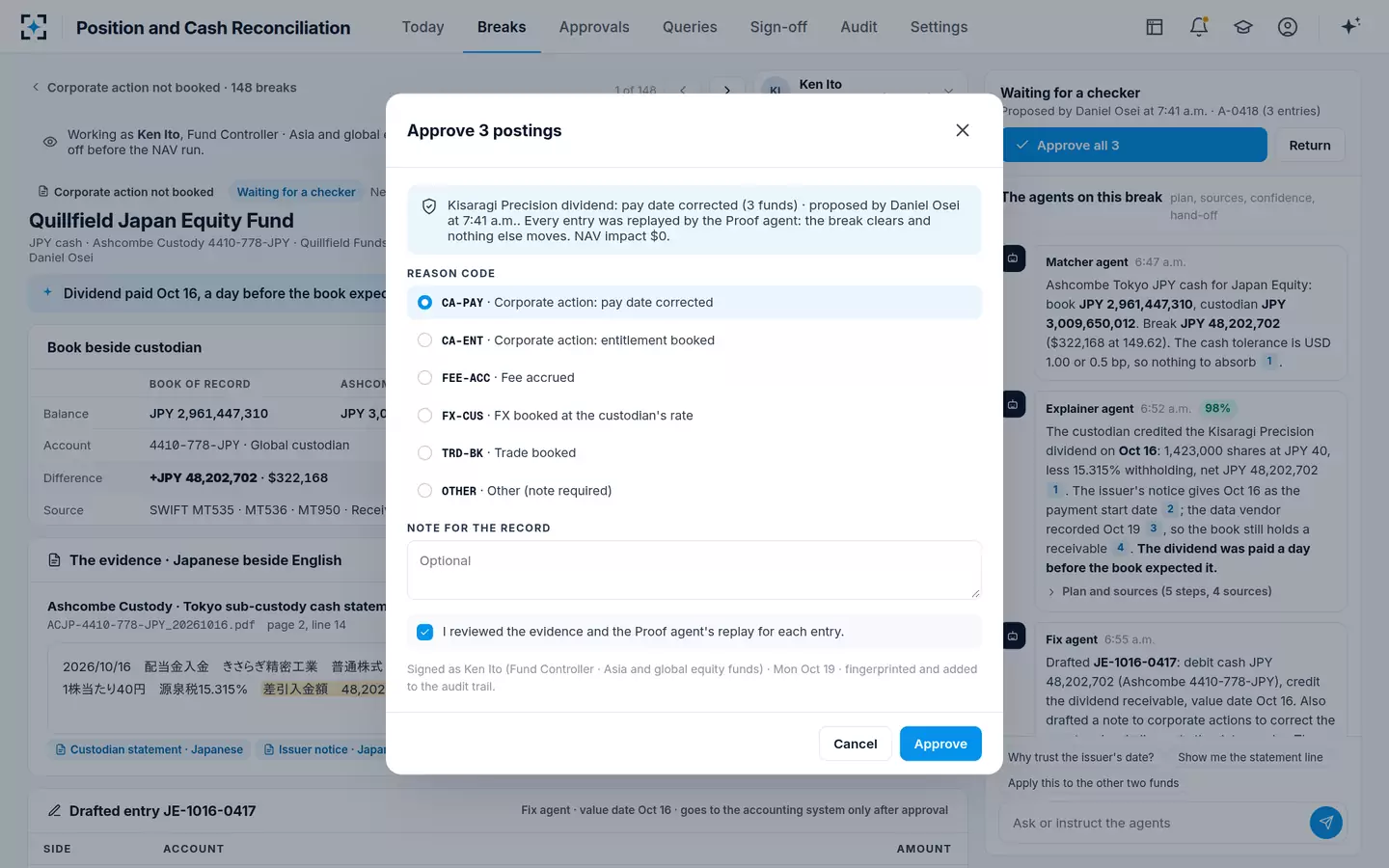 Position and Cash Reconciliation — Maker-checker approval