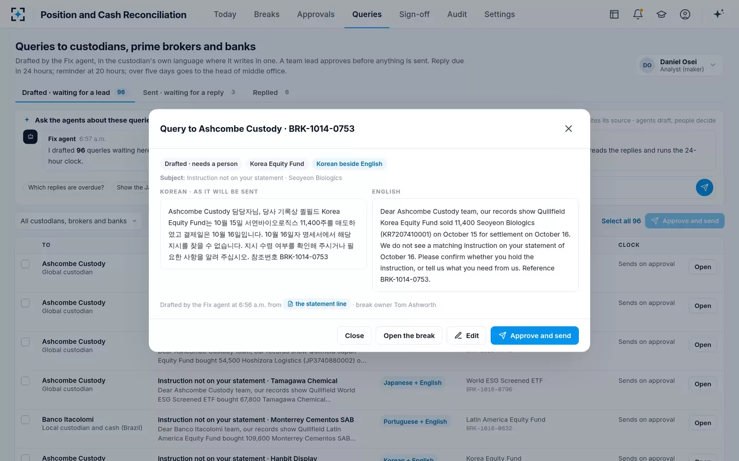Position and Cash Reconciliation — Custodian queries