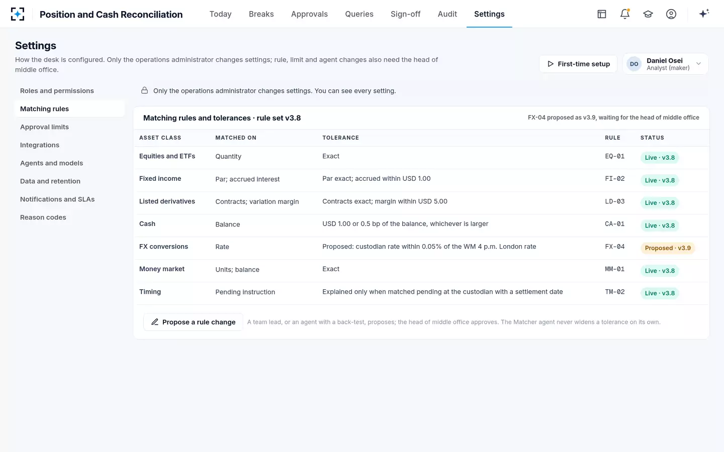 Position and Cash Reconciliation — Matching rules and tolerances