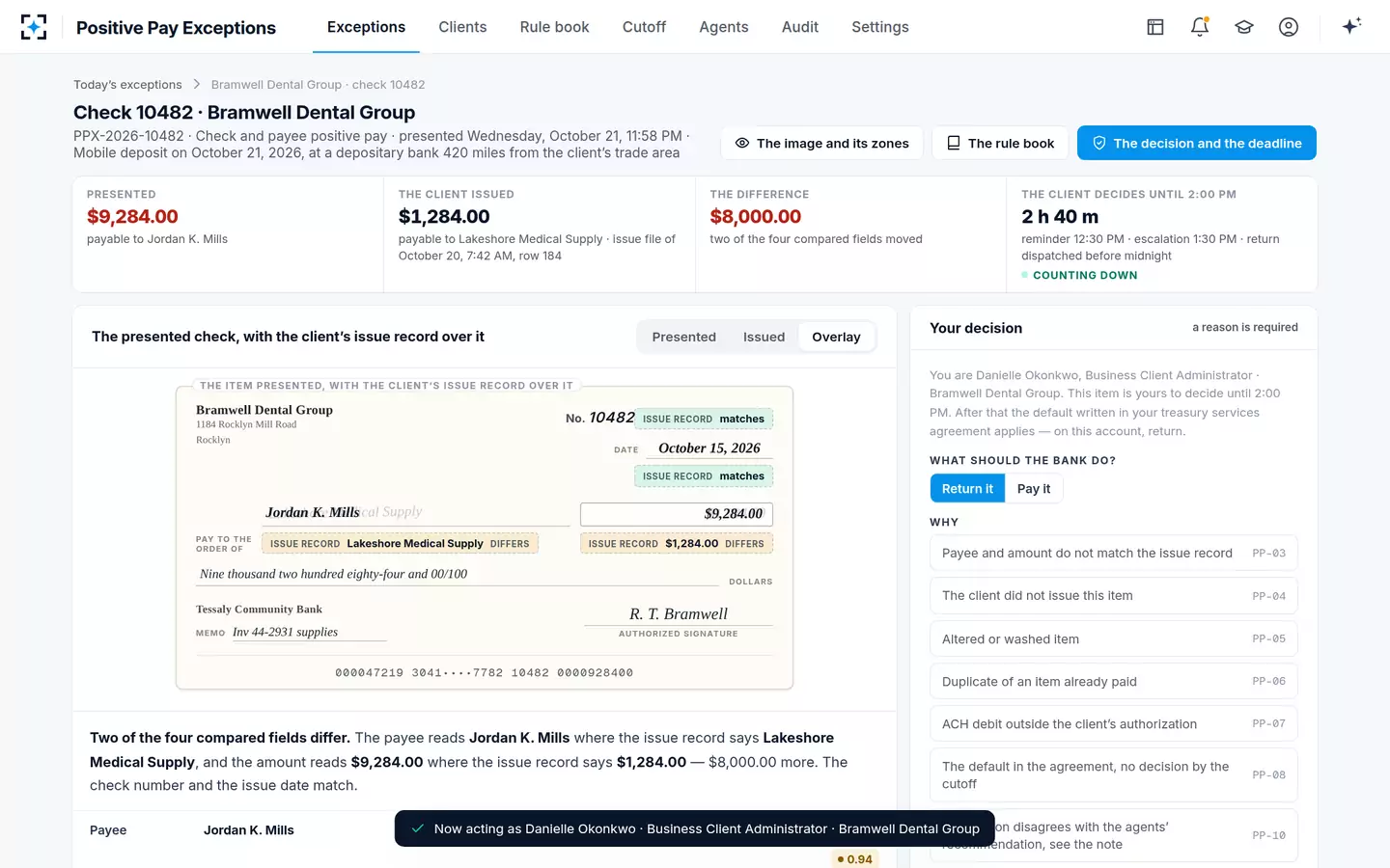 Positive Pay Exceptions — The client decides its own exception, with the evidence on the same screen