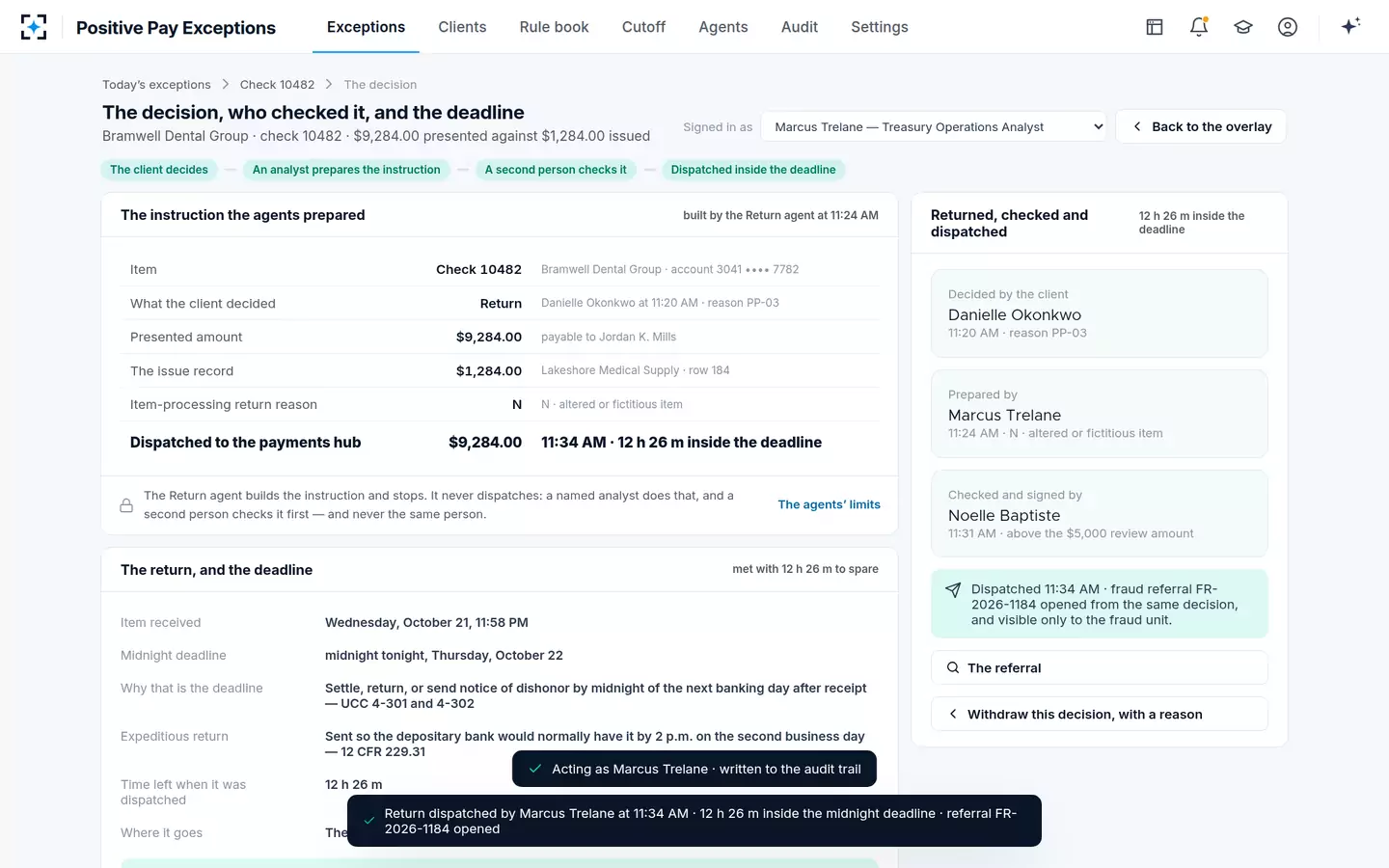 Positive Pay Exceptions — Dispatched at 11:34 AM, twelve hours inside the midnight deadline