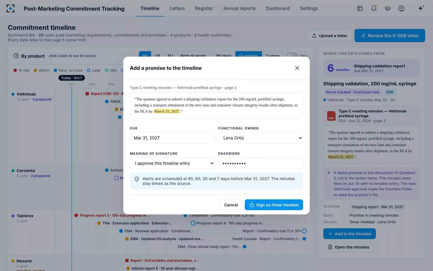 Post-Marketing Commitment Tracking — Add a promise with a signature