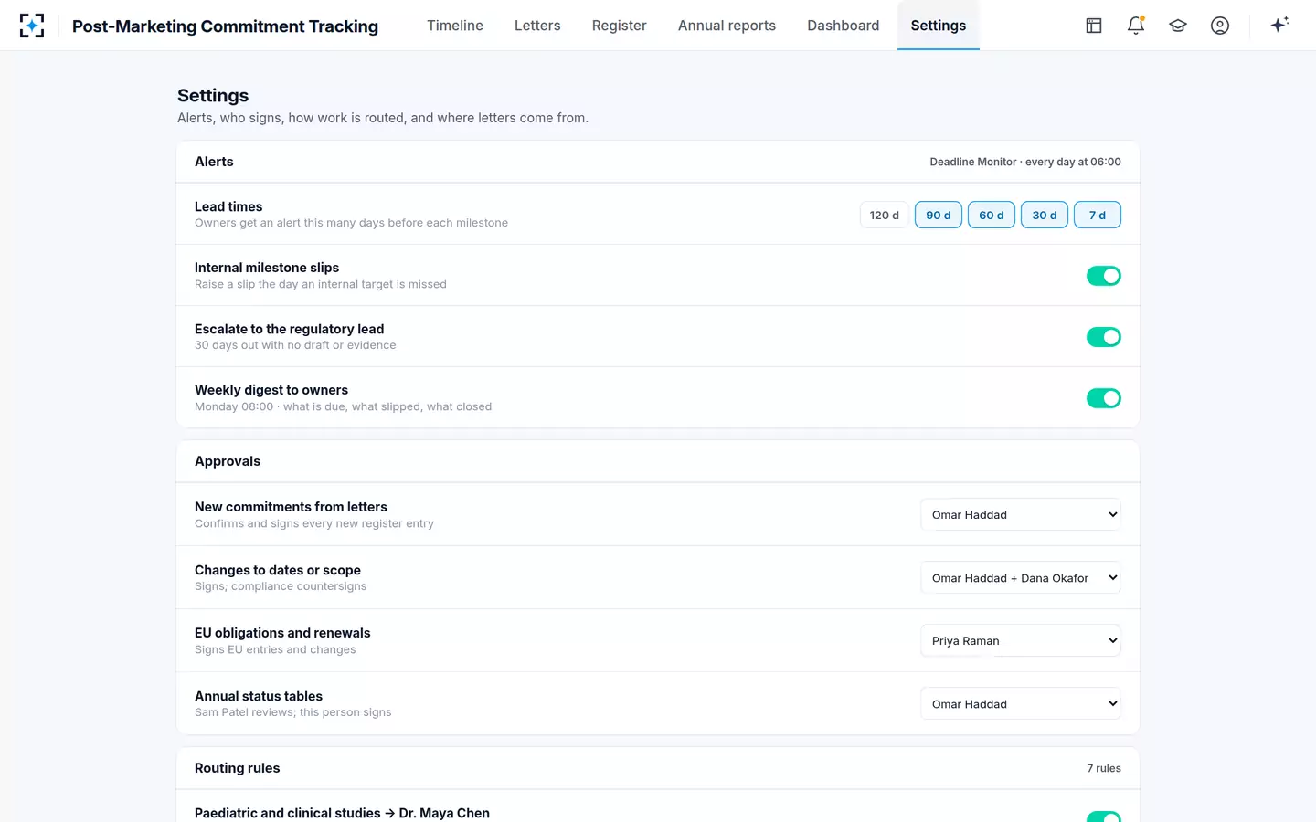 Post-Marketing Commitment Tracking — Settings