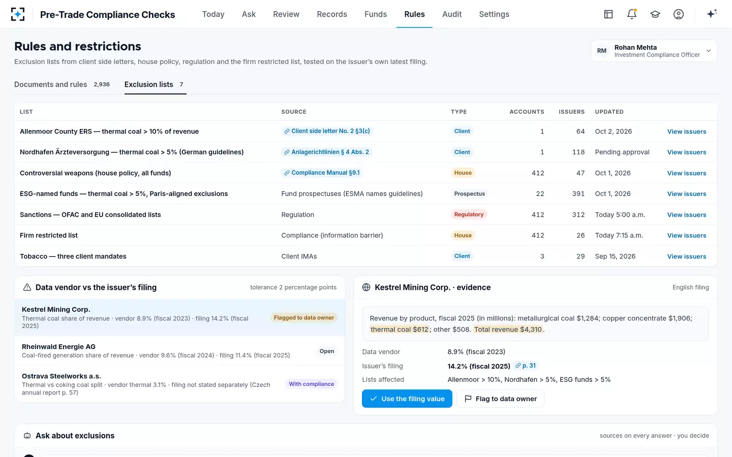 Pre-Trade Compliance Checks — Exclusion lists and issuer evidence