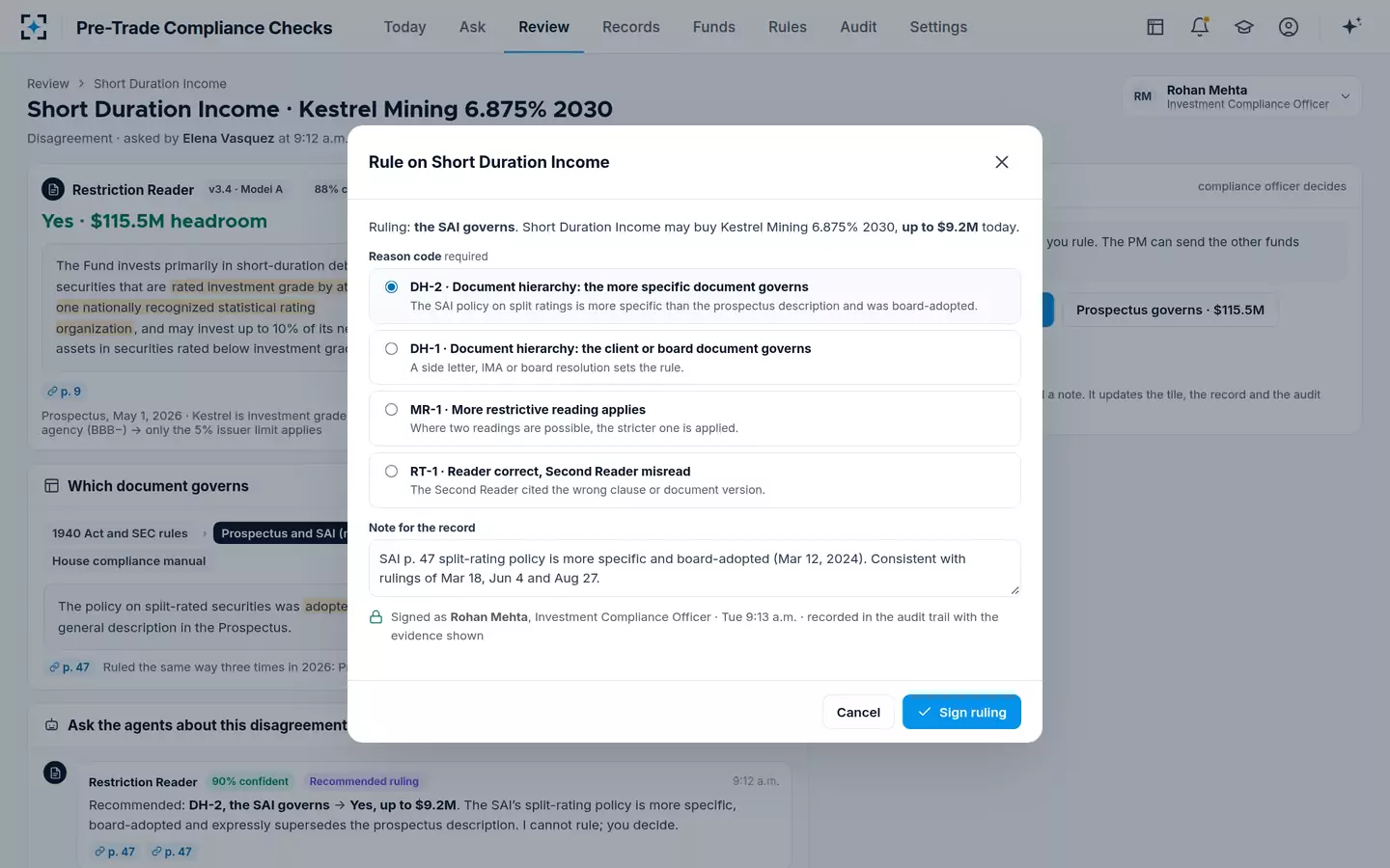 Pre-Trade Compliance Checks — The compliance ruling, with a reason code