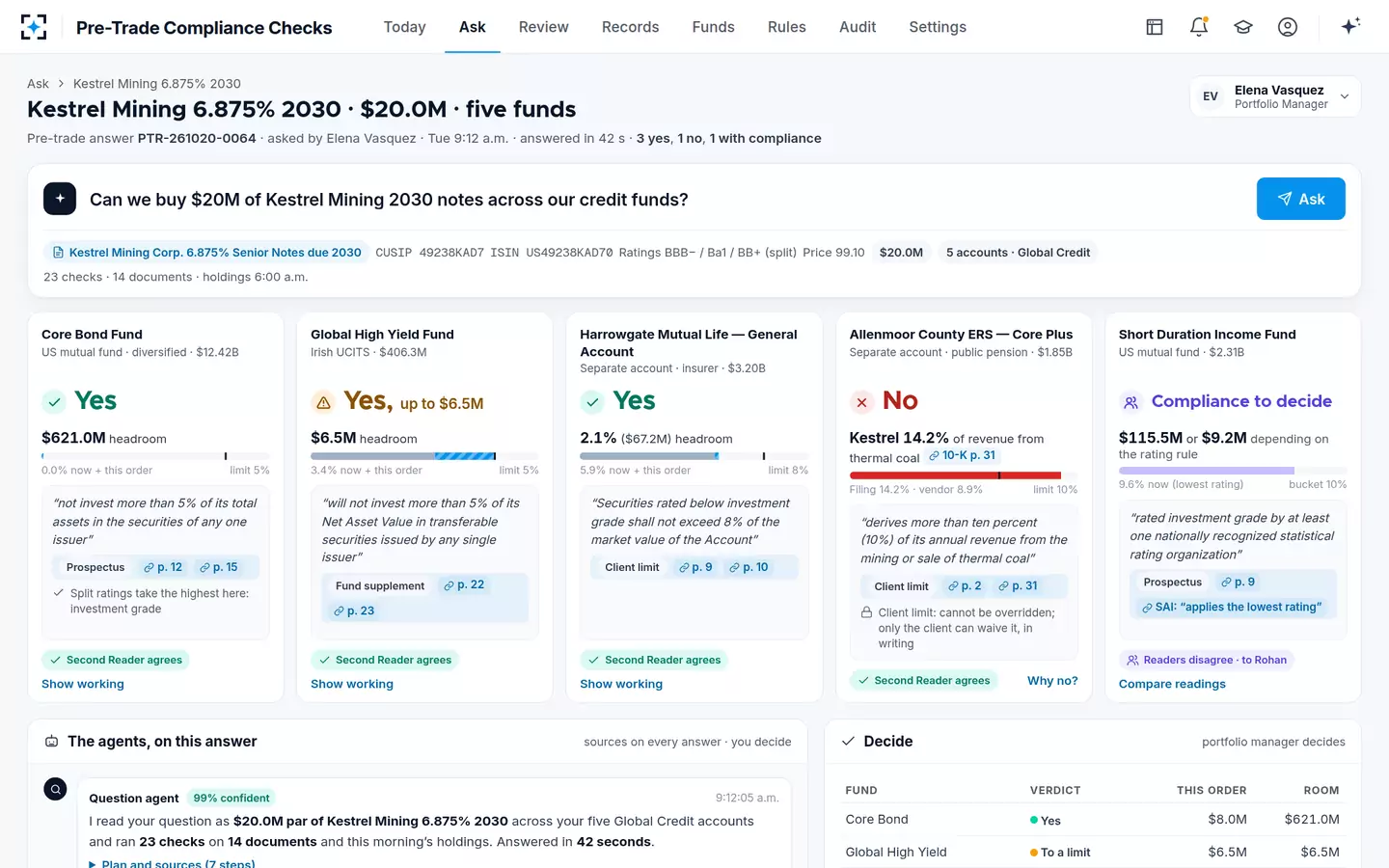 Pre-Trade Compliance Checks — Pre-trade compliance check: one verdict per fund