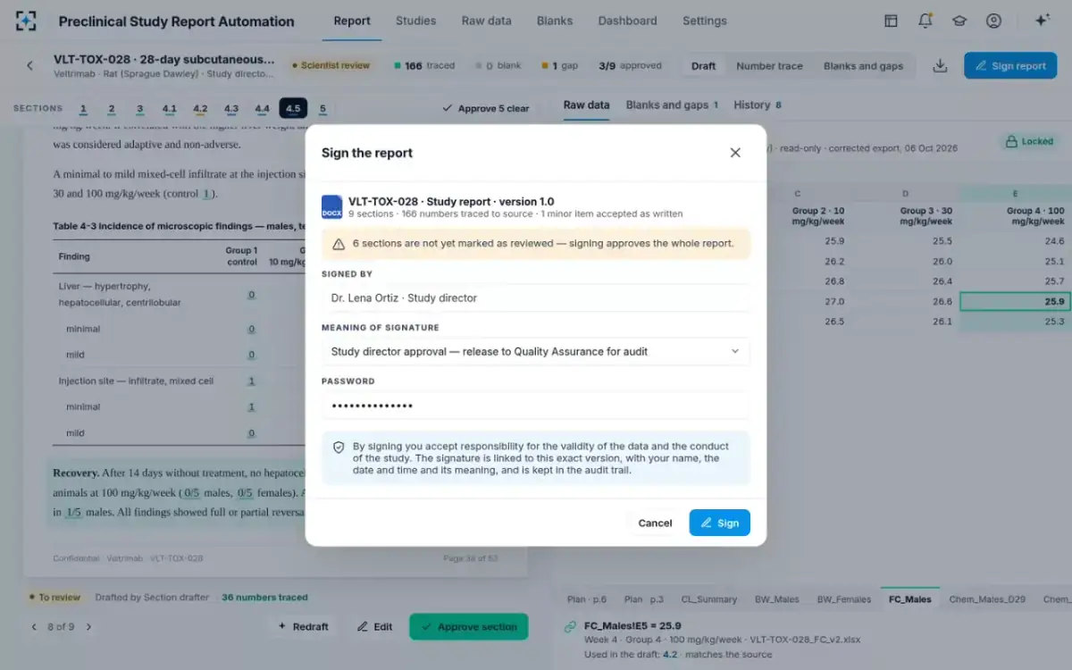 Preclinical Study Report Automation — Sign the report