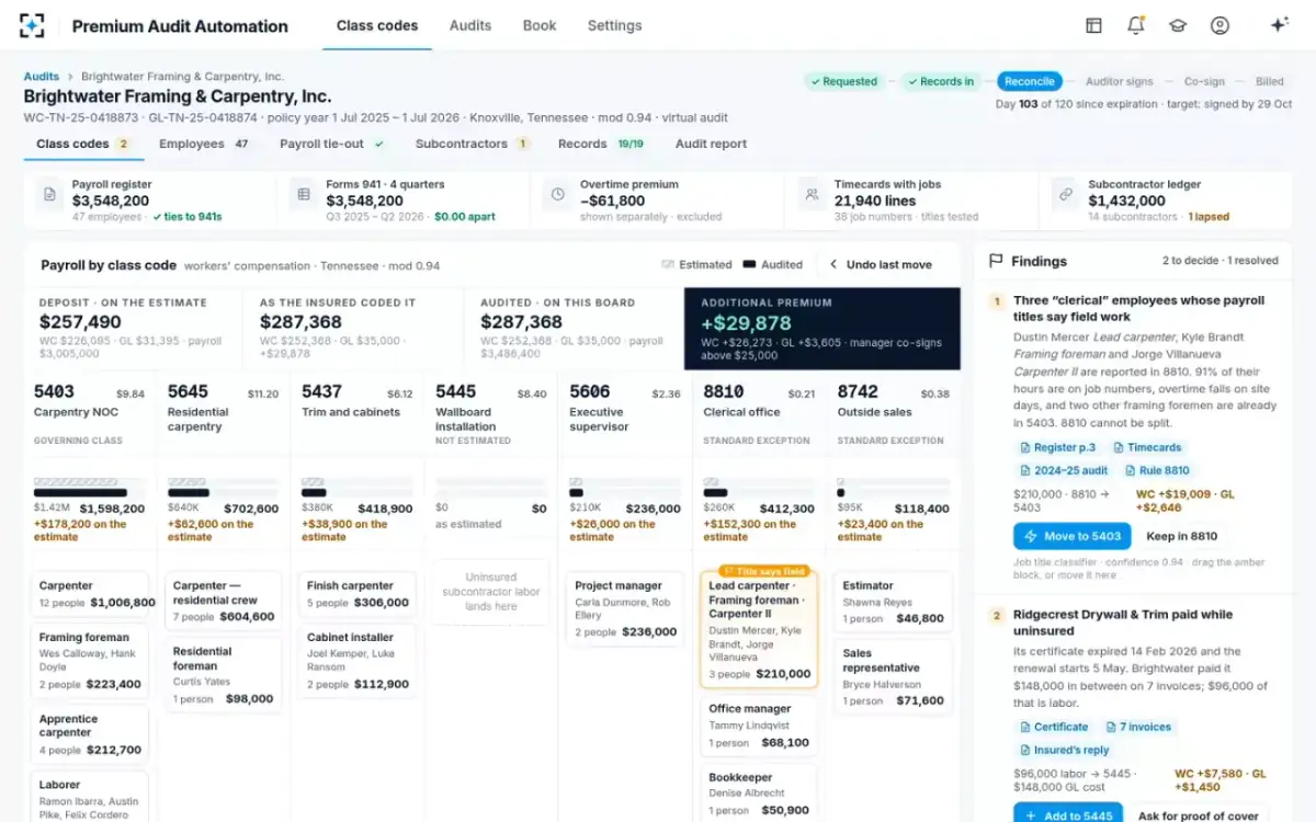 Premium Audit Automation — The class-code board
