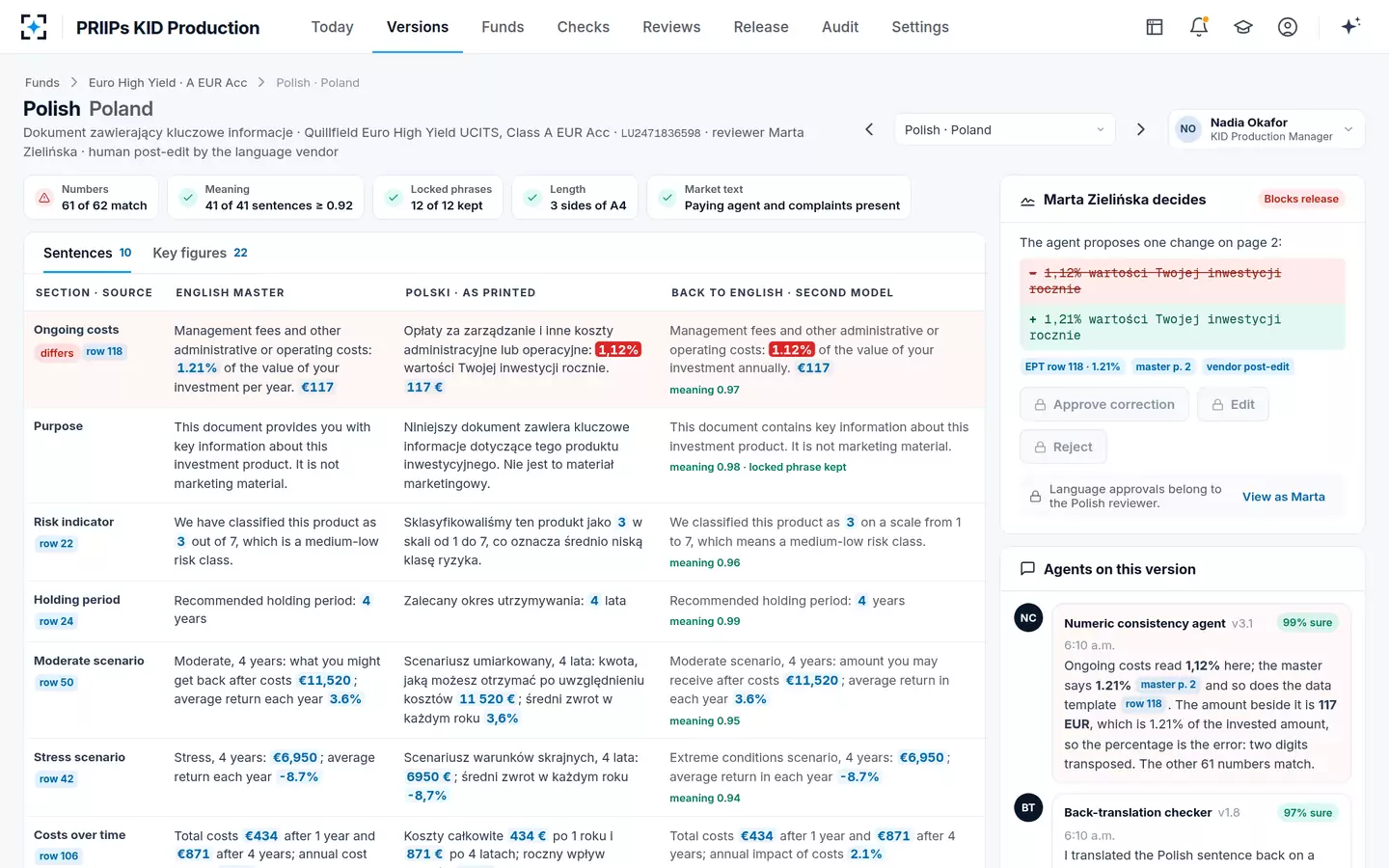 PRIIPs KID Production — KID translation check, side by side