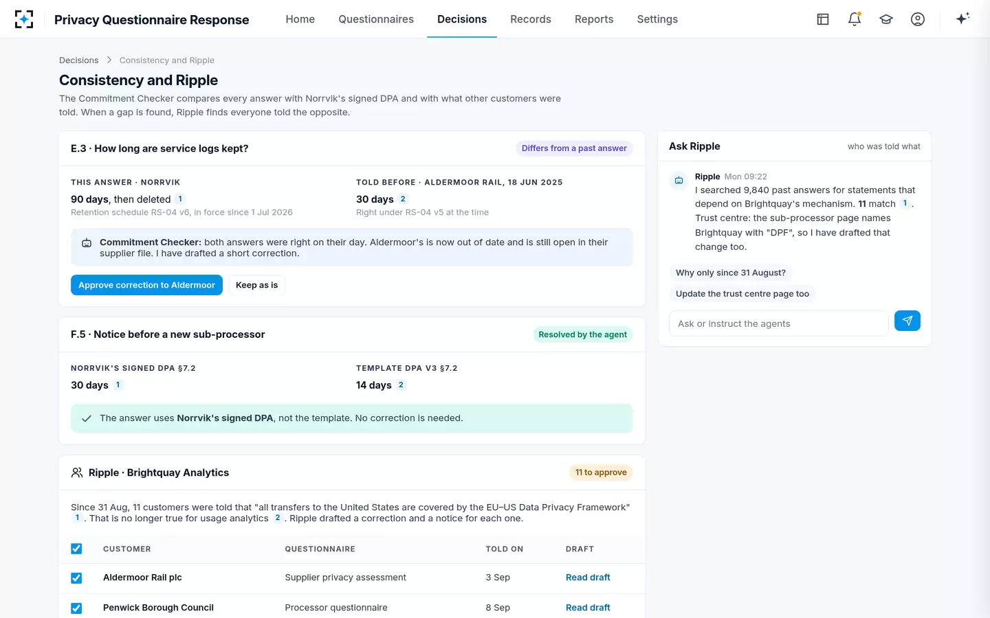 Privacy Questionnaire Response — Consistency and Ripple