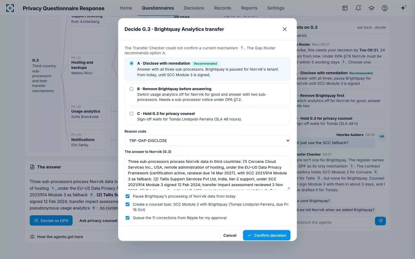 Privacy Questionnaire Response — Deciding a transfer gap