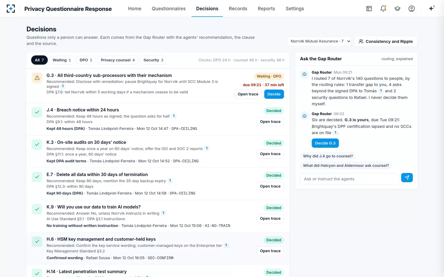 Privacy Questionnaire Response — Decisions