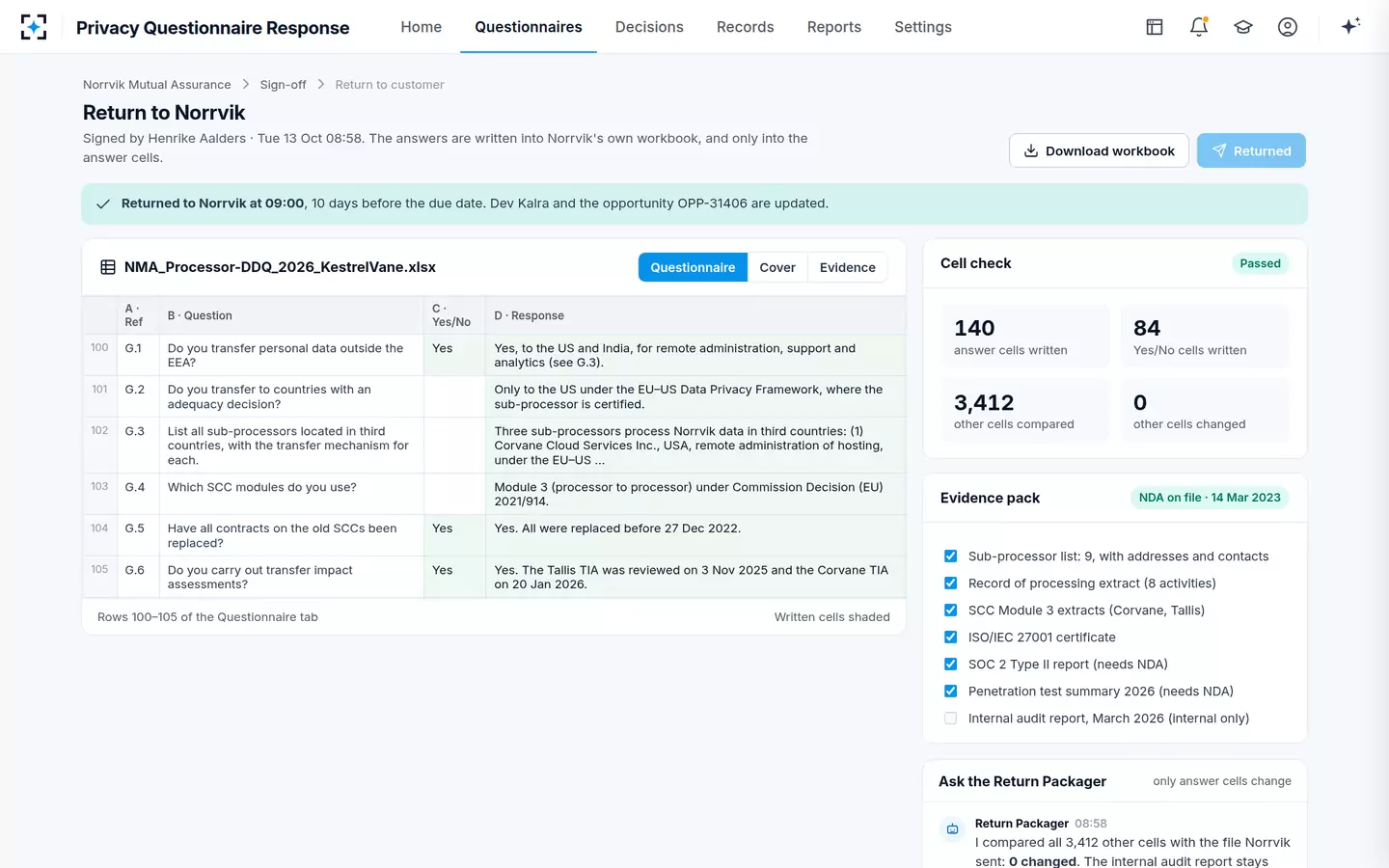 Privacy Questionnaire Response — Return to the customer