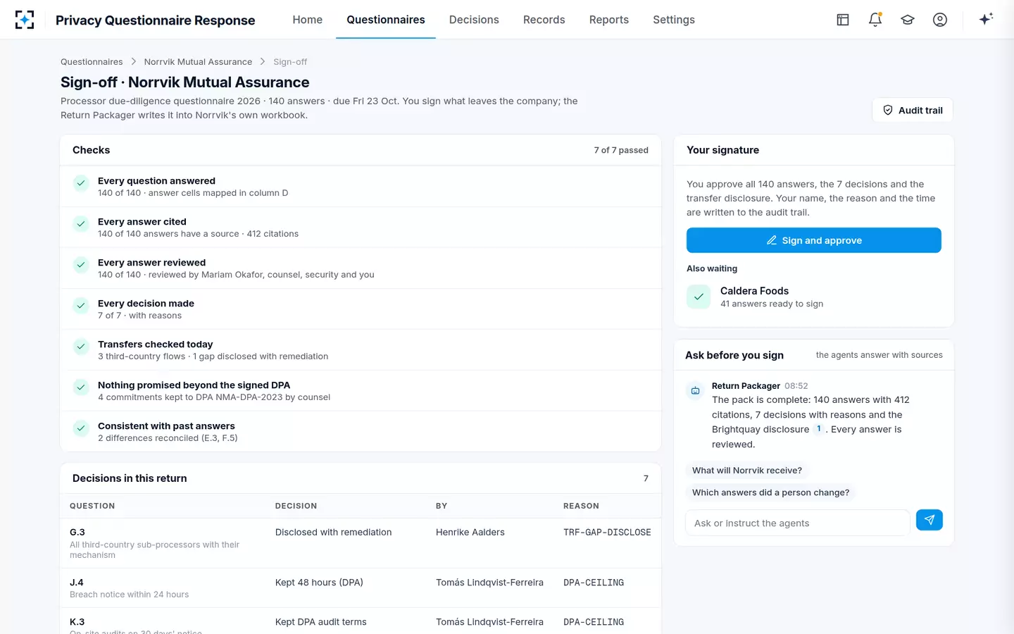 Privacy Questionnaire Response — Sign-off