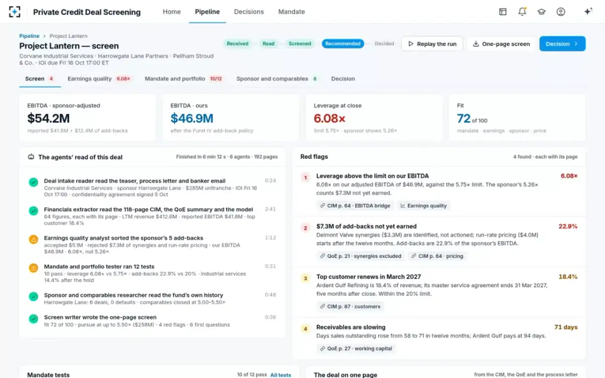 Private Credit Deal Screening — The one-page screen