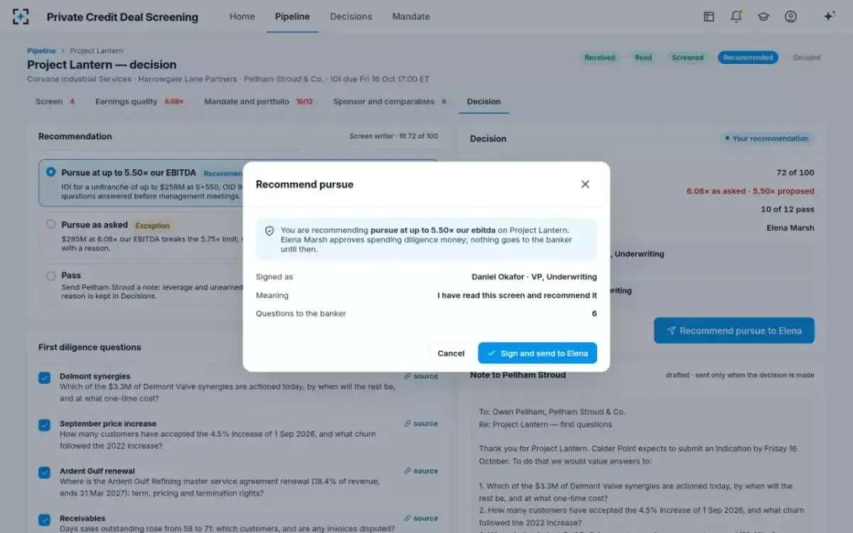 Private Credit Deal Screening — Recommend and sign