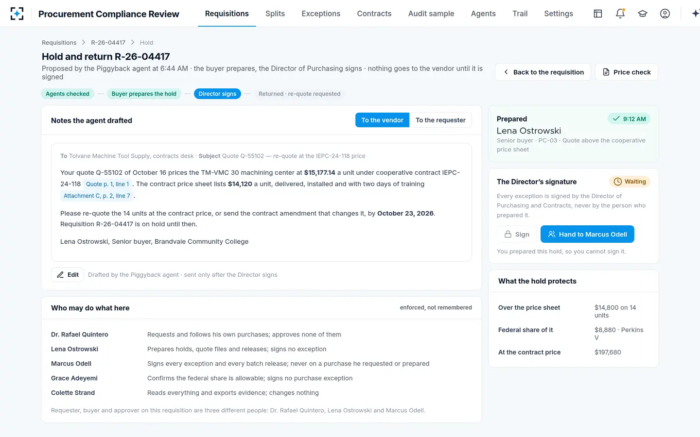 Procurement Compliance Review — The buyer prepares the hold with a reason code; the agent drafted the notes