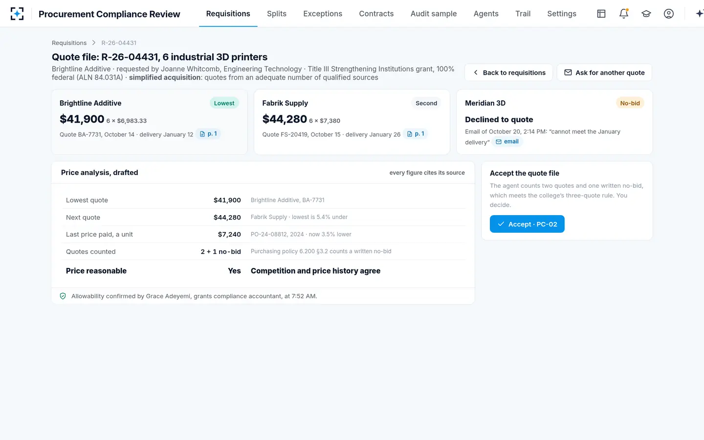 Procurement Compliance Review — A small-purchase quote file checked, with the price analysis drafted