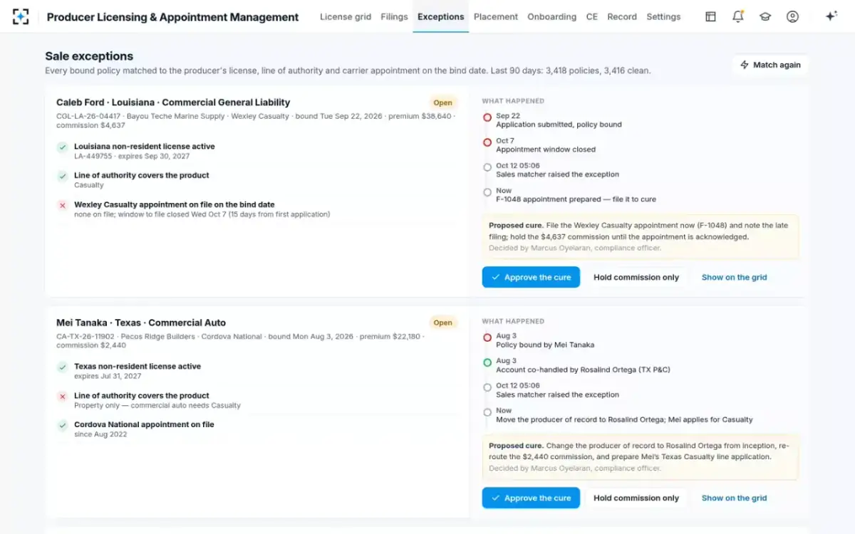 Producer Licensing & Appointment Management — Sale exceptions