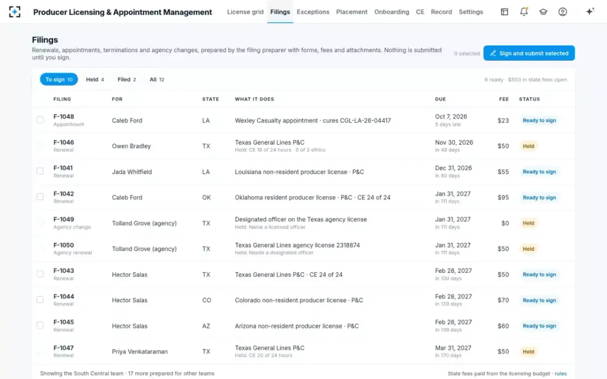 Producer Licensing & Appointment Management — Filings