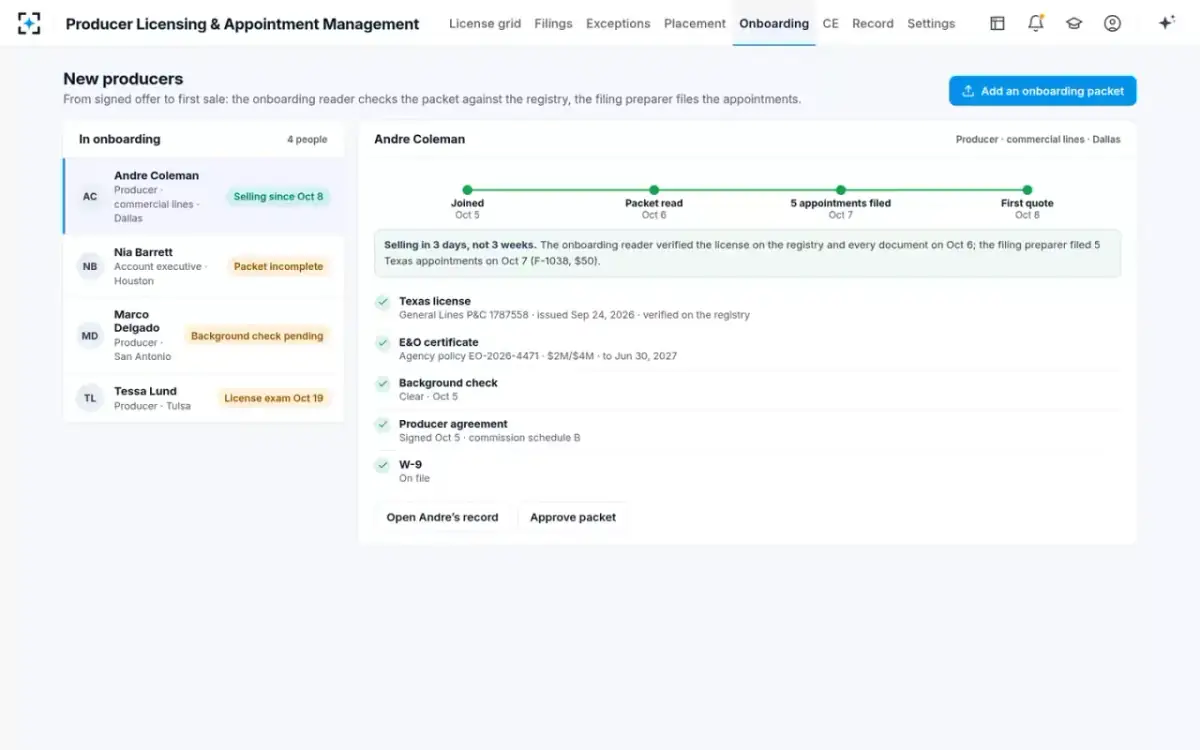 Producer Licensing & Appointment Management — New producers