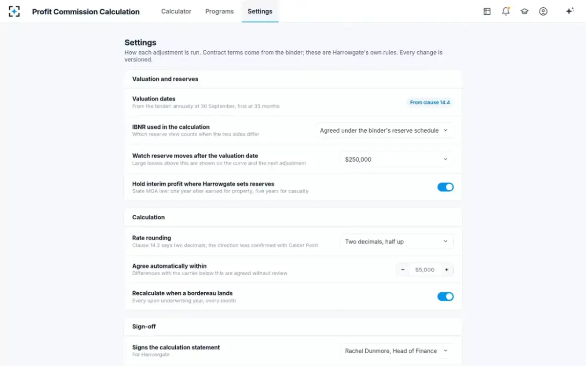 Profit Commission Calculation — Settings