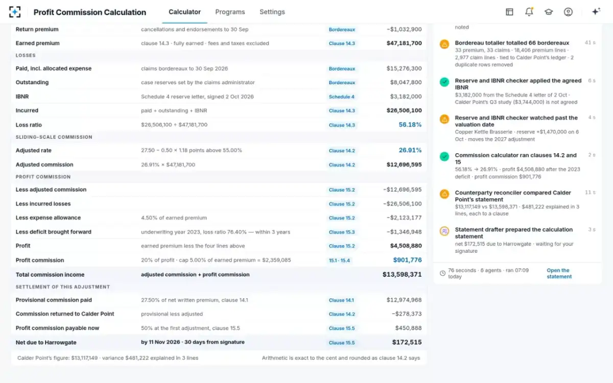 Profit Commission Calculation — The worksheet