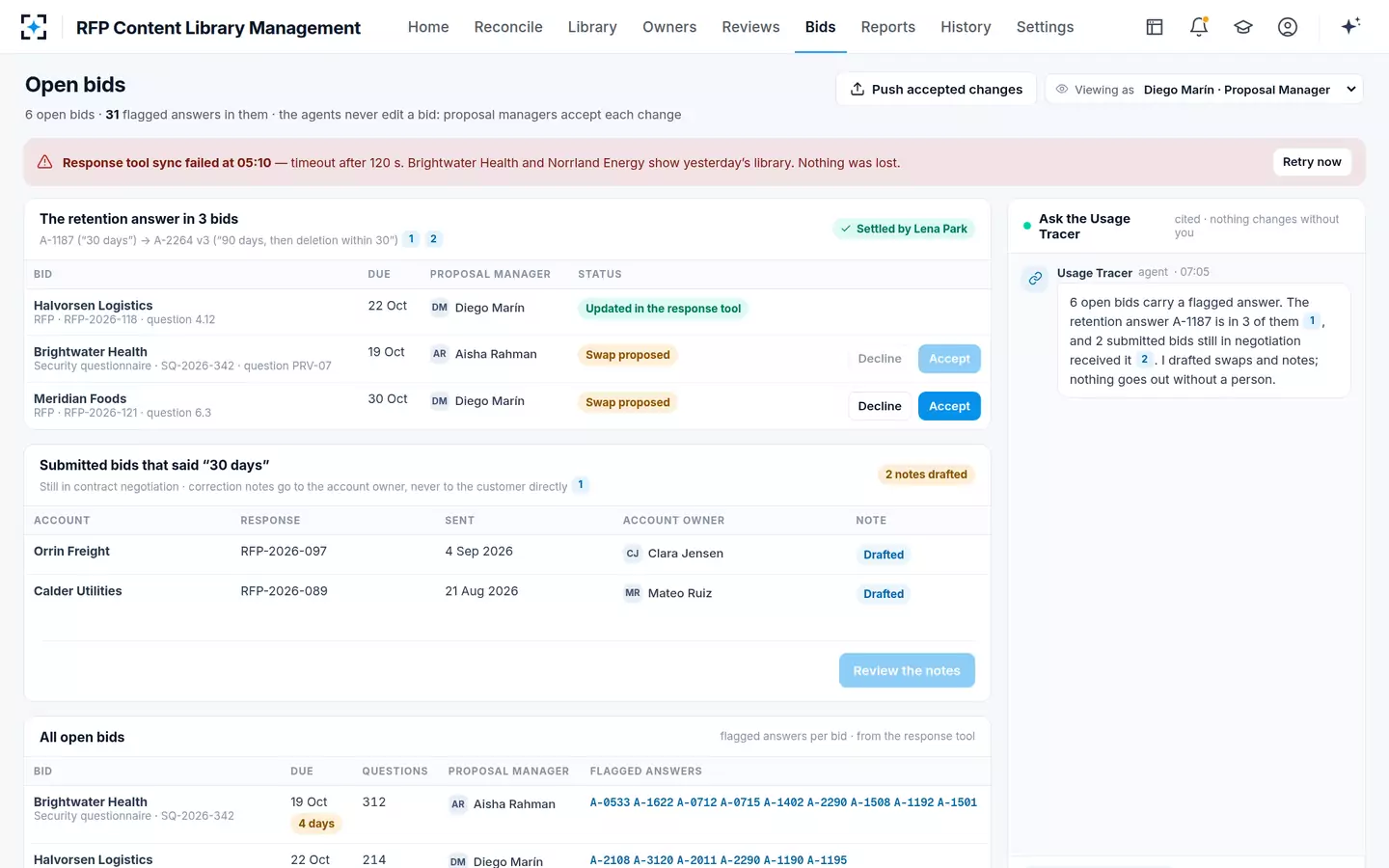 RFP Content Library Management — Open and submitted bids
