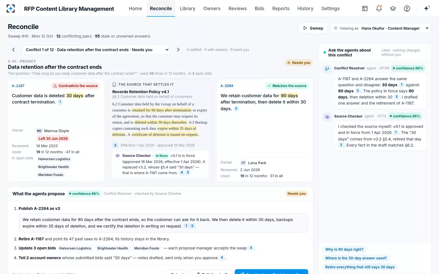 RFP Content Library Management — Conflicting answers and the source that settles them