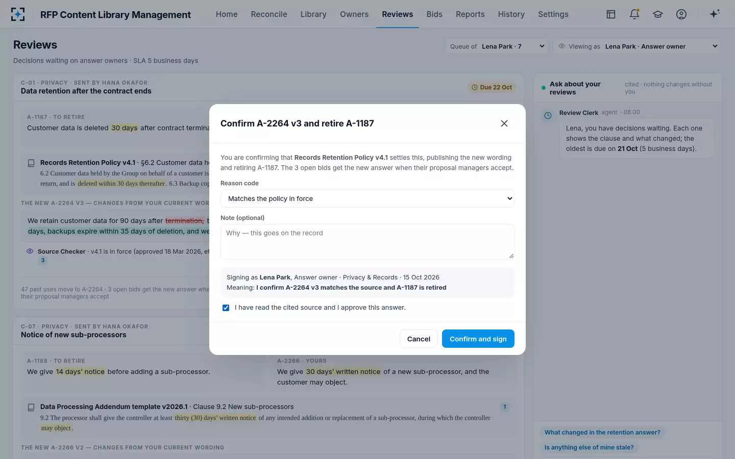 RFP Content Library Management — Confirm and sign