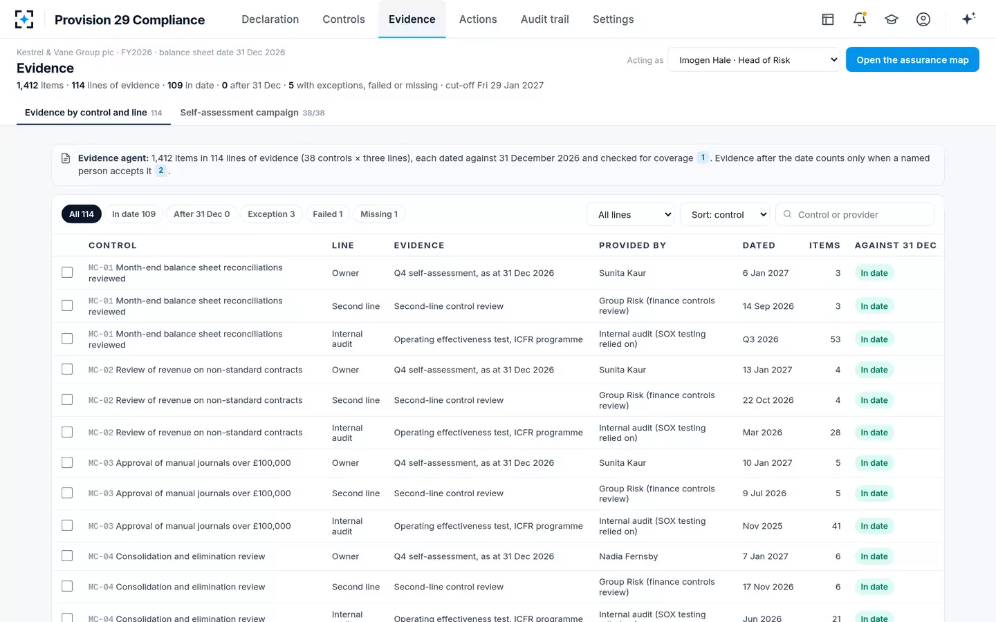 Provision 29 Compliance — Evidence dated to the year end