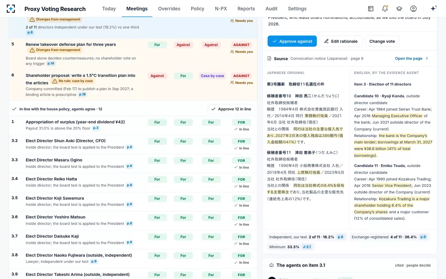 Proxy Voting Research — The deciding page of the notice, Japanese beside English