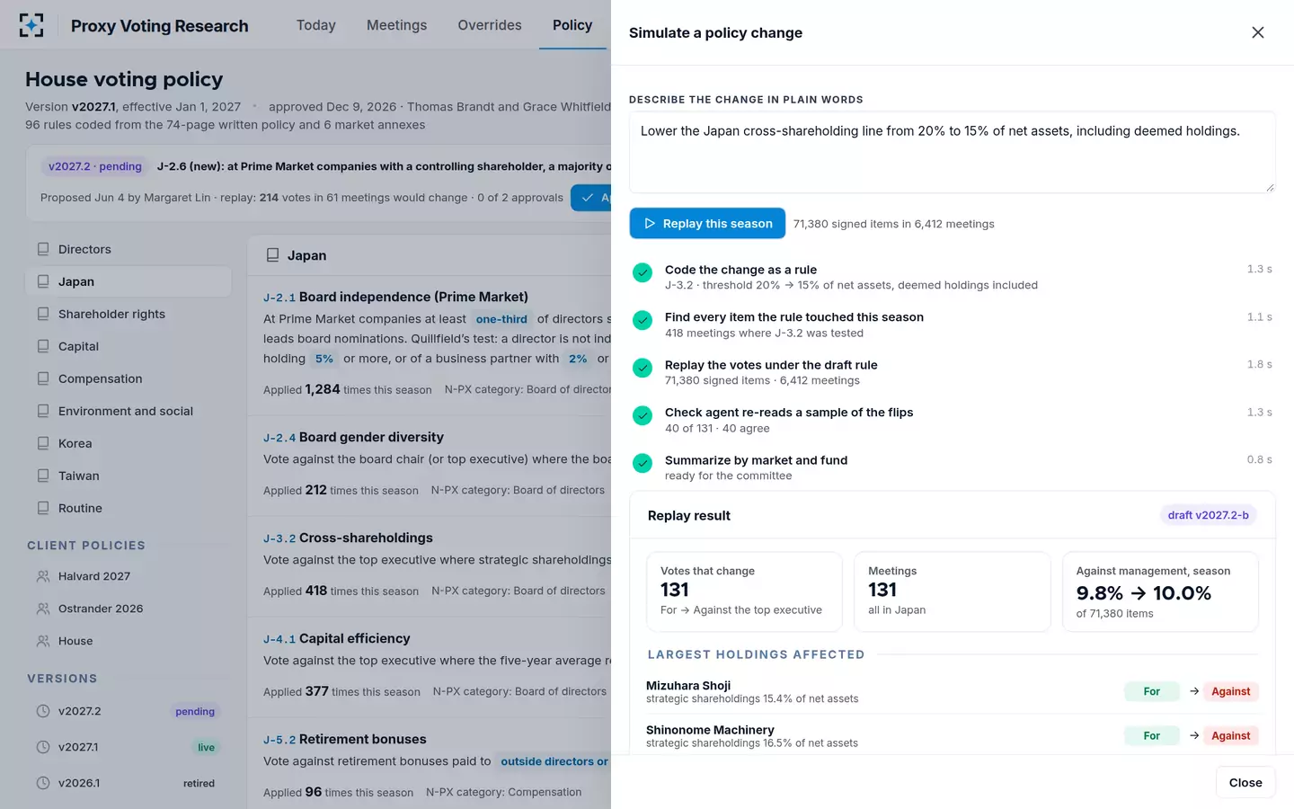 Proxy Voting Research — Replay a change to your custom proxy voting policy