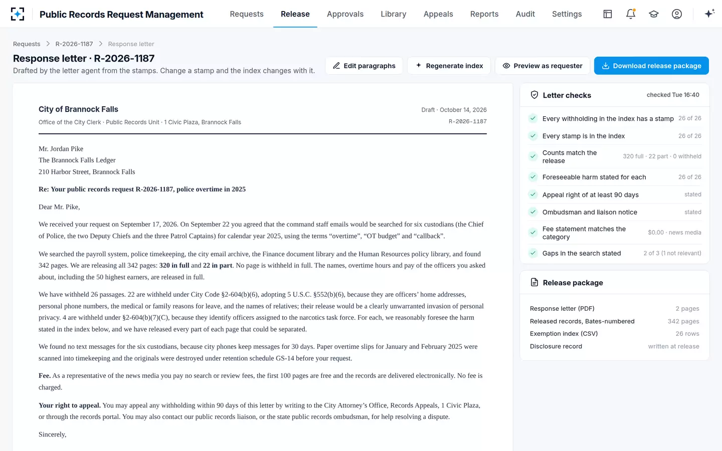 Public Records Request Management — The response letter