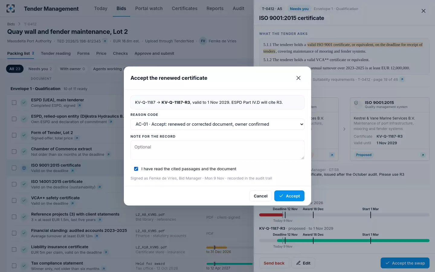 Tender Management — Accept with a reason code