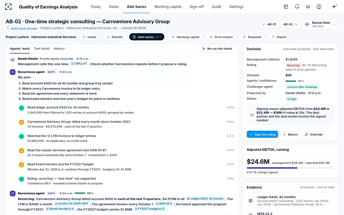 Quality of Earnings Analysis — One add-back, the agents' work