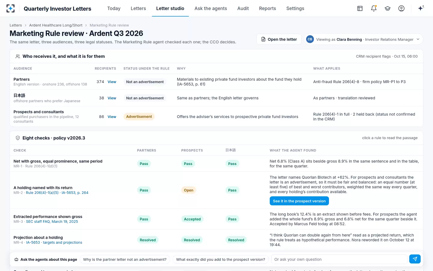 Quarterly Investor Letters — Marketing Rule review